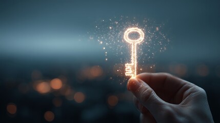 Human hand holding a glowing digital key symbolizing access and opportunity