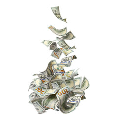 Flying hundred dollar bills, isolated on transparent cutout background