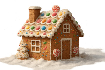 Gingerbread house standing in snow with colorful candy decorations, celebrating christmas and holiday season