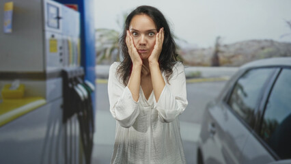 Woman pressing hands to cheeks in shock beside car at gas station street near fuel pump and car door  surprise realization. © Krakenimages.com