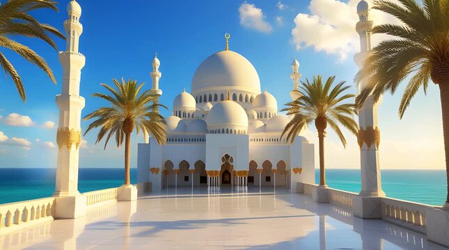 A view of a magnificent mosque with a beautiful sea backdrop. 4K video