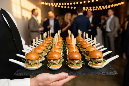 Catering server holding tray gourmet sliders, finger food corporate reception