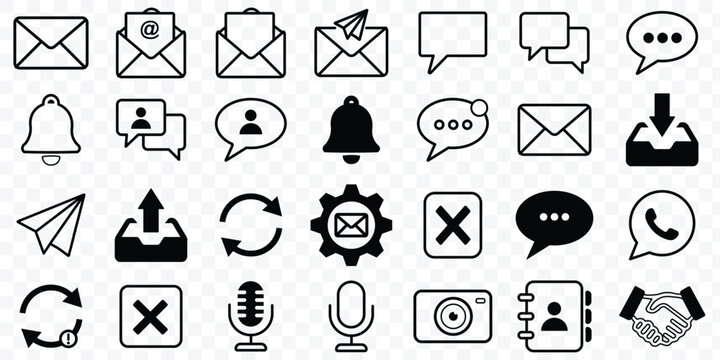 Modern Communication and Messaging UI Icon Set, Email, Chat, and Notification Symbols. Mail message vector icon set. Chat message icon vector set. Contains speech bubble, conversation, dialogue text