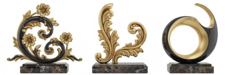 Ornate gold and black decorative sculptures on marble bases isolated on a transparent background 1