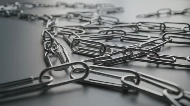 A close-up view of scattered metal paper clips and chain links forming tangled patterns. metal chain
