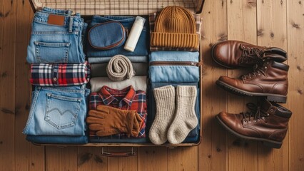 Overhead view of an open suitcase packed with neatly folded clothes and travel essentials, ready for a trip.