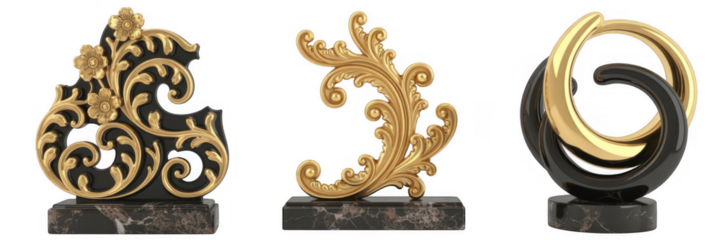 Ornate gold and black decorative sculptures on marble bases isolated on a transparent background