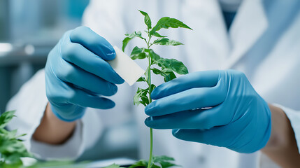 Researcher with blue gloves carefully examines a plant sample, attaching a small tag. Science and botany in a clean lab setting. Precision research at its best.