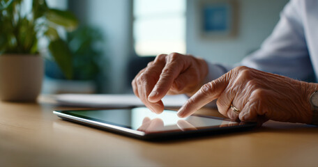 Close-up of elderly hands using a digital tablet on wooden table with blurred background and natural light