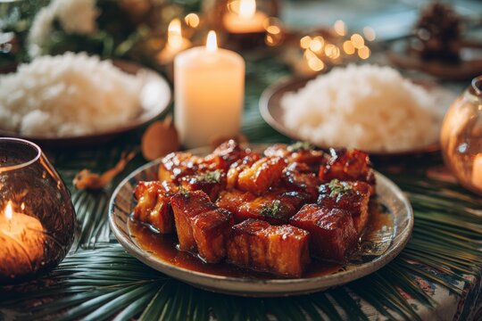 Plate of Hamonado on table surrounded by glowing candles, creating cozy atmosphere. Concept of sweet braised meat Filipino cooked, highlighting culinary tradition and warmth.