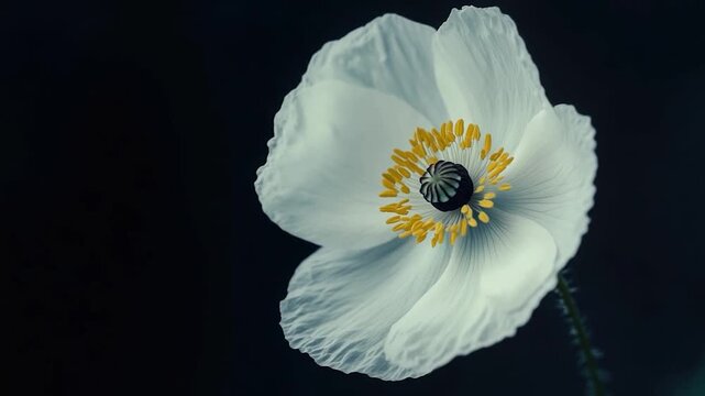 Video A close-up shot of a single white flower sitting on a dark, matte black surface