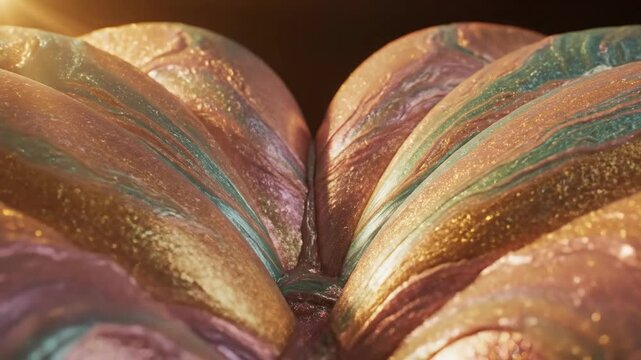 Macro view of glossy iridescent plant petals meeting at a central crease shimmering purples and gold