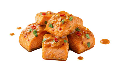 Spicy salmon bites with drizzle isolated on transparent background