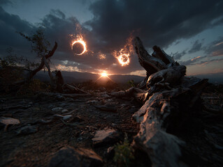 Obraz premium a surreal, fantastical scene with a large, glowing, fire-like orb in the sky, surrounded by dark clouds. In the foreground, there is a weathered log with a sharp, menacing appearance