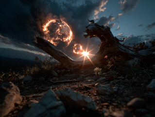 Obraz premium a surreal, fantastical scene with a large, glowing, fire-like orb in the sky, surrounded by dark clouds. In the foreground, there is a weathered log with a sharp, menacing appearance