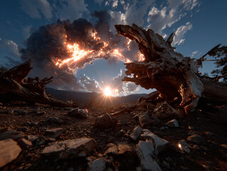 Obraz premium a surreal, fantastical scene with a large, glowing, fire-like orb in the sky, surrounded by dark clouds. In the foreground, there is a weathered log with a sharp, menacing appearance