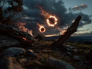 Obraz premium a surreal, fantastical scene with a large, glowing, fire-like orb in the sky, surrounded by dark clouds. In the foreground, there is a weathered log with a sharp, menacing appearance