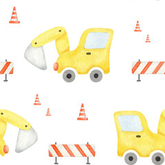 Seamless pattern of yellow tractor vehicle and traffic cone. Watercolor hand drawn kids background of heavy machinery. Baby endless print of roadworks for children goods, nursery children decor