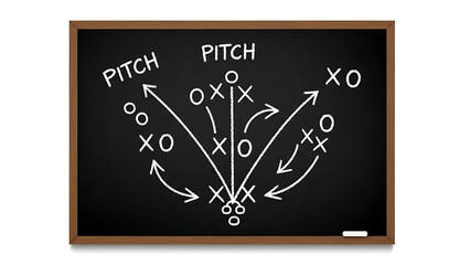 Illustration of american football strategy diagram on chalkboard with arrows and symbols
