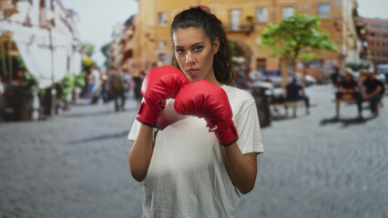 Hispanic teenage woman in white t shirt wearing red boxing gloves holds fists up in a busy street plaza with cobblestones and cafes; determination focus resilience training.