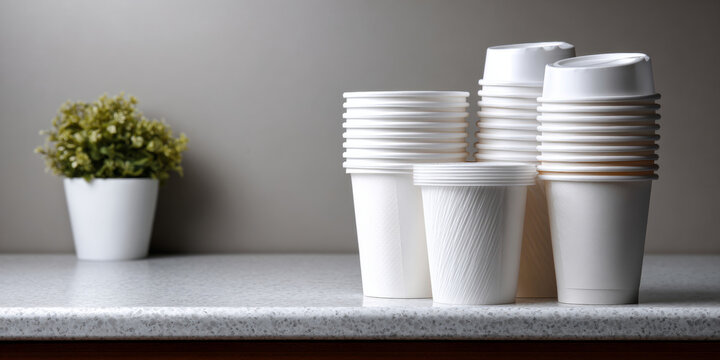 Stacked white disposable coffee cups with lids on a countertop next to a small potted plant against a plain gray background - Powered by Adobe