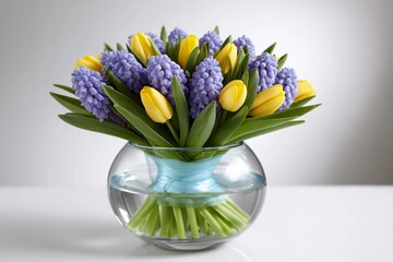 Yellow tulips and purple flowers bouquet