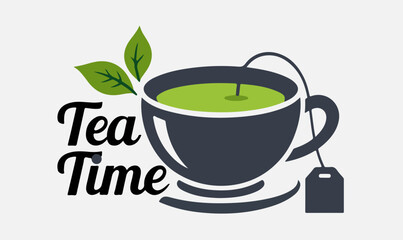 Tea Time Logo, Minimalist Green Tea Cup and Leaf Design, tea logo, green tea logo, minimalist logo, tea cup logo, tea bag logo, flat design logo, modern tea branding, clean design, simple logo, png, 