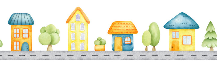 Cute road with houses and trees. Isolated hand drawn watercolor seamless border of urban landscape. Children banner of city street road, nursery decor, kids goods, textile, stationery