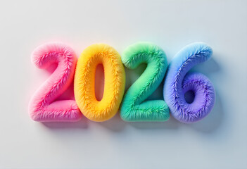 Colorful Plush Fuzzy 3D Numbers Displaying a Vibrant New Year 2026 Greeting