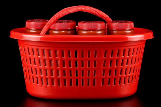 Red basket with jars on a black background - Powered by Adobe