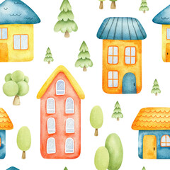 Watercolor seamless pattern of colorful houses and trees. Background of town landscape for textile print, nursery art, wrapping paper, carpet, fabric, textile, playmat, bedding 