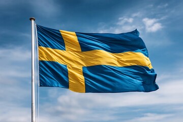 Swedish flag waving under partly cloudy sky