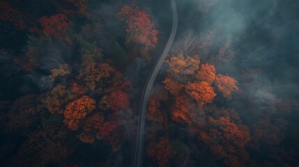 Drone-view perspective of a winding path running through a dense deciduous forest glowing with vivid orange and crimson leaves, early morning haze adding depth and atmosphere, with rich seasonal color