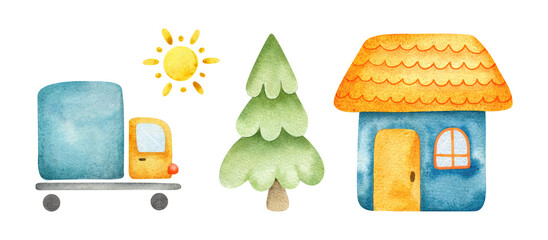 Baby cute clipart of house, truck, pine tree and sun. Collection hand drawn watercolor Illustrations. Elements set of city landscape for poster, kids goods, textile, album, stationery, wrapping