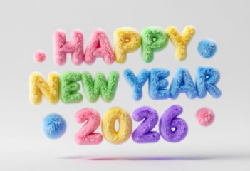 Colorful Fuzzy Plush 3D Letters Forming a Vibrant New Year 2026 Greeting