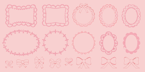 A collection of pink lace frames bows and decorative elements on a solid background