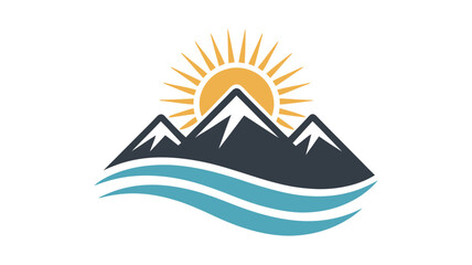 Abstract logo featuring mountains, sun, and waves on a white background