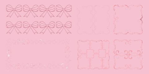 Pink background featuring delicate repeating patterns of bows and ornate frames