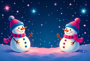 Vibrant Cartoon Snowmen with Glowing Colors on a Dark Winter Landscape