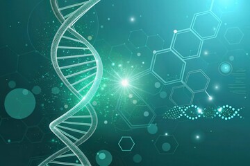 Abstract digital illustration of a glowing dna helix with molecular structures