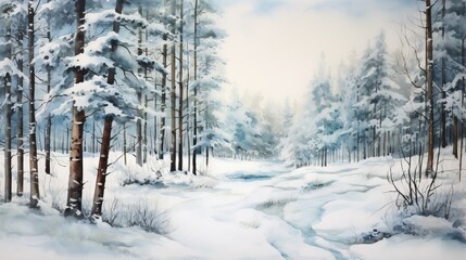 Winter Forest Realistic Watercolor Illustration. Snowy Trees Art Background. card or Invitation Page Print  Design. 