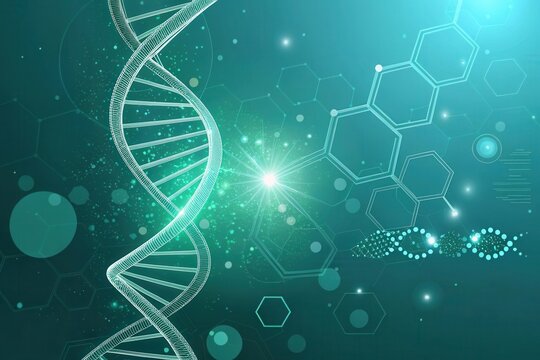Abstract digital illustration of a glowing dna helix with molecular structures - Powered by Adobe