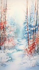 Winter Forest Realistic Watercolor Illustration. Snowy Trees Art Background. card or Invitation Page Print  Design. 