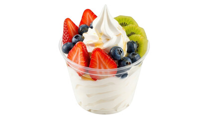 Delicious frozen yogurt parfait with fresh berries and kiwi isolated on transparent background