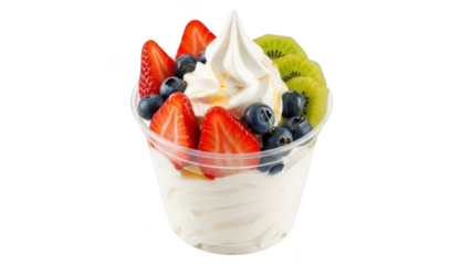 Delicious frozen yogurt parfait with fresh berries and kiwi isolated on transparent background