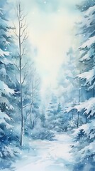 Winter Forest Realistic Watercolor Illustration. Snowy Trees Art Background. card or Invitation Page Print  Design. 