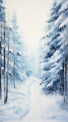 Winter Forest Realistic Watercolor Illustration. Snowy Trees Art Background. card or Invitation Page Print  Design. 