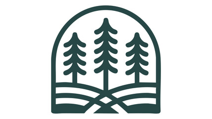Simple line art logo featuring three pine trees on rolling hills in an arched frame