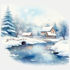 Winter Forest Realistic Watercolor Illustration. Snowy Trees Art Background. card or Invitation Page Print  Design. 