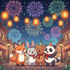 Fototapeta premium Colorful Fireworks With Cute Party Animals